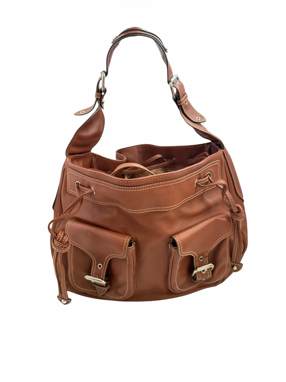 Marc Jacobs Womens Hobo Shoulder Bag Brown Leather Drawstring Designer Luxury